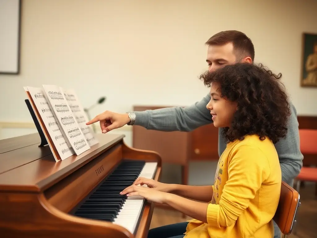 A student practicing piano with a dedicated instructor in a bright, welcoming studio, focusing on personalized technique and musical expression.