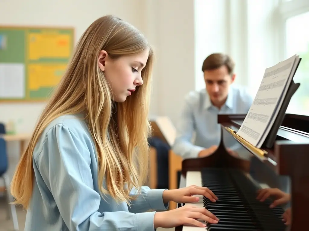 A student performing a piece during an exam, with a focused instructor providing guidance, emphasizing exam techniques and confidence building.