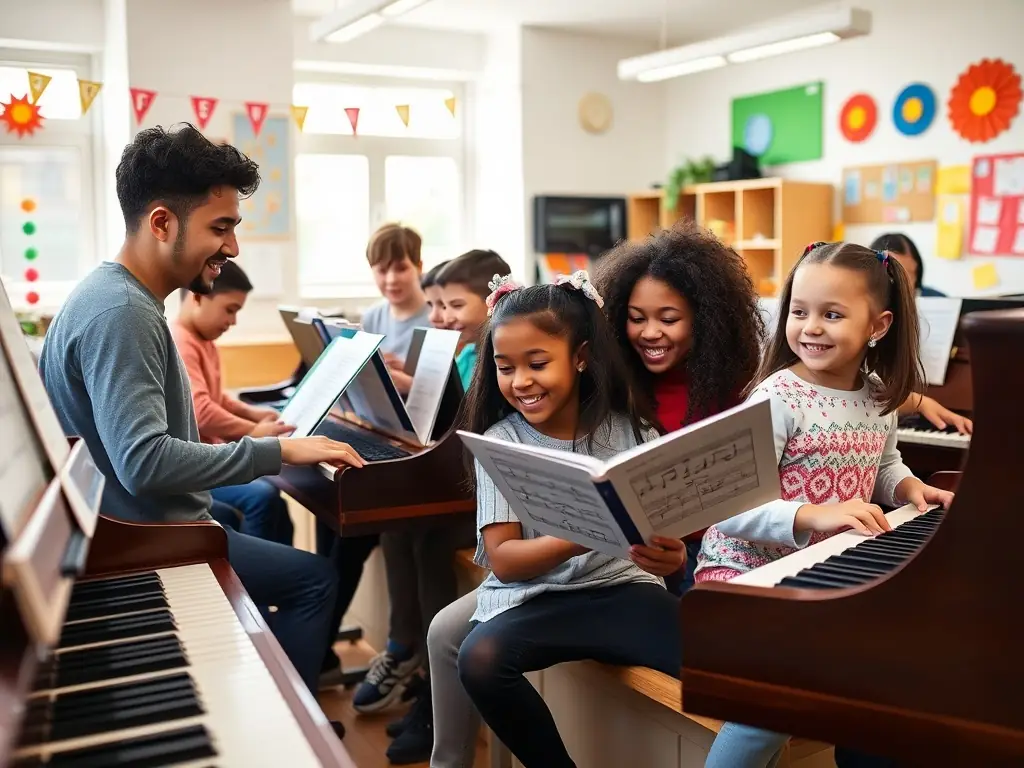 A small group of students playing piano together under instructor supervision in a modern classroom, fostering a collaborative learning environment.